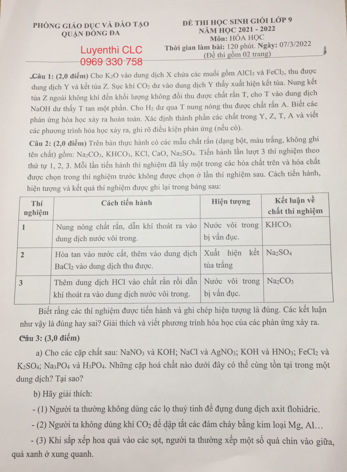 Đề thi HSG m&ocirc;n Ho&aacute; học của quận Đống Đa - th&agrave;nh phố H&agrave; Nội năm 2022