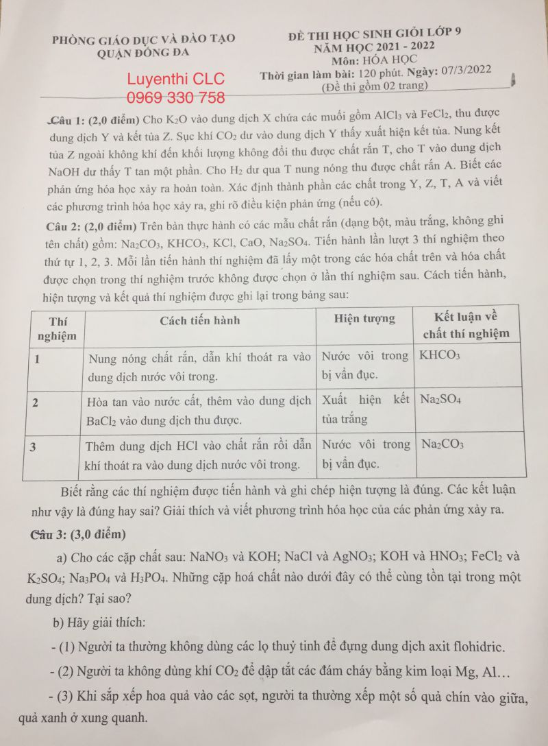 Đề thi HSG môn Hoá học của quận Đống Đa - thành phố Hà Nội năm 2022
