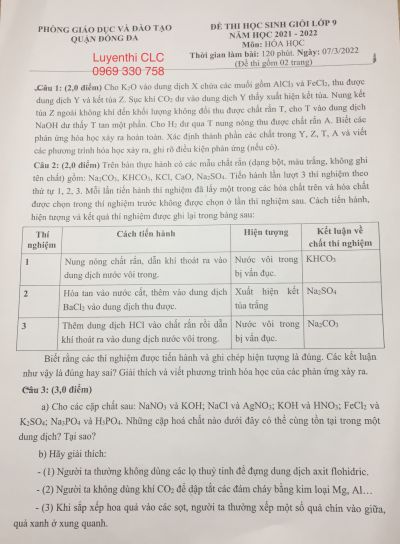 Đề thi HSG môn Hoá học của quận Đống Đa - thành phố Hà Nội năm 2022