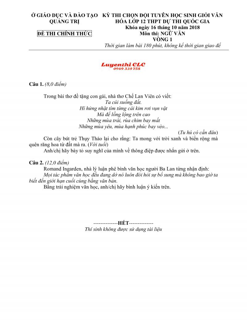 Đề thi chọn đội tuyển HSG văn hóa lớp 12 THPT dự thi Quốc Gia môn Ngữ Văn  - vòng 1 tỉnh Quảng Trị năm 2018