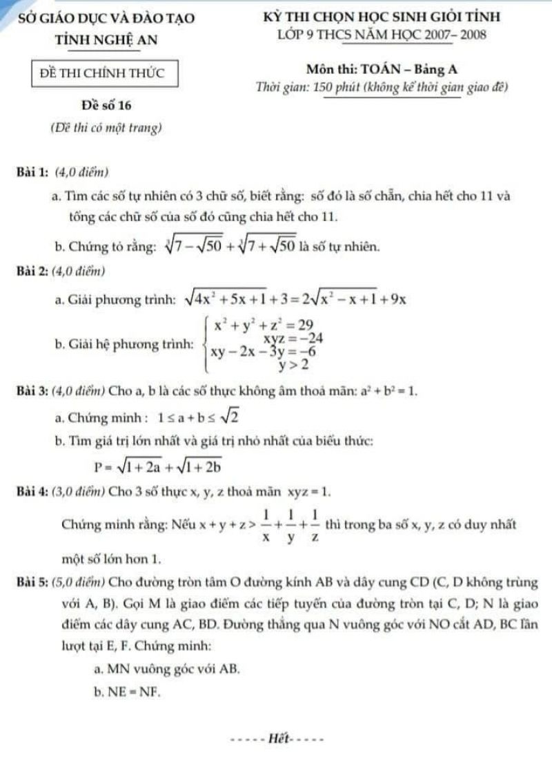 Đề thi chọn HSG môn Toán lớp 9 THCS tỉnh Nghệ An từ năm 2007 - 2019