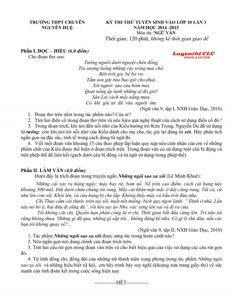 Đề thi thử vào lớp 10 lần 3 môn Ngữ Văn Trường THCS CHUYÊN Nguyễn Huệ năm 2014