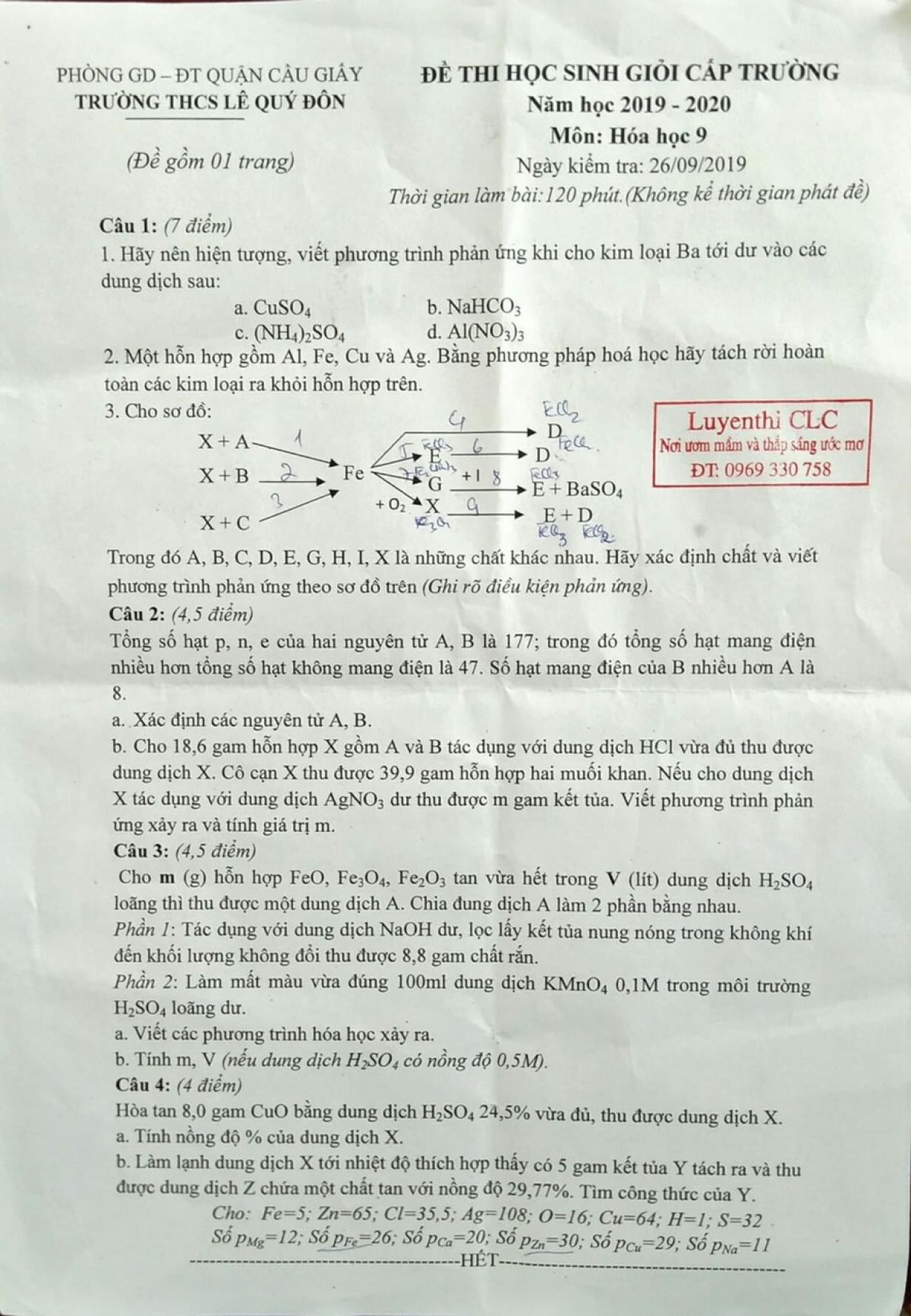 Đề thi HSG cấp trường môn Hóa Học 9 Trường THCS Lê Qúy Đôn năm 2019
