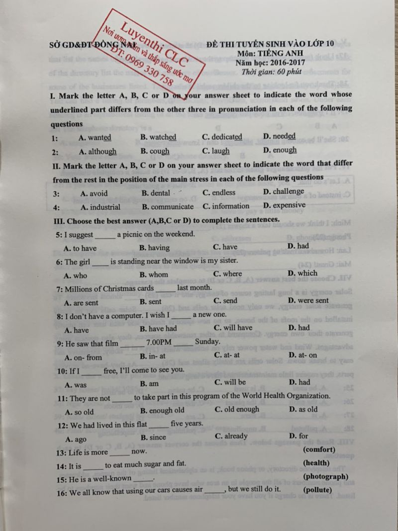Đề thi tuyển sinh vào lớp 10 môn Tiếng Anh tỉnh Đồng Nai năm 2016