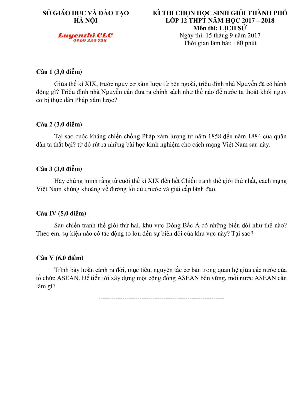 Đề thi chọn HSG môn Lịch Sử lớp 12 THPT thành phố Hà Nội năm 2017