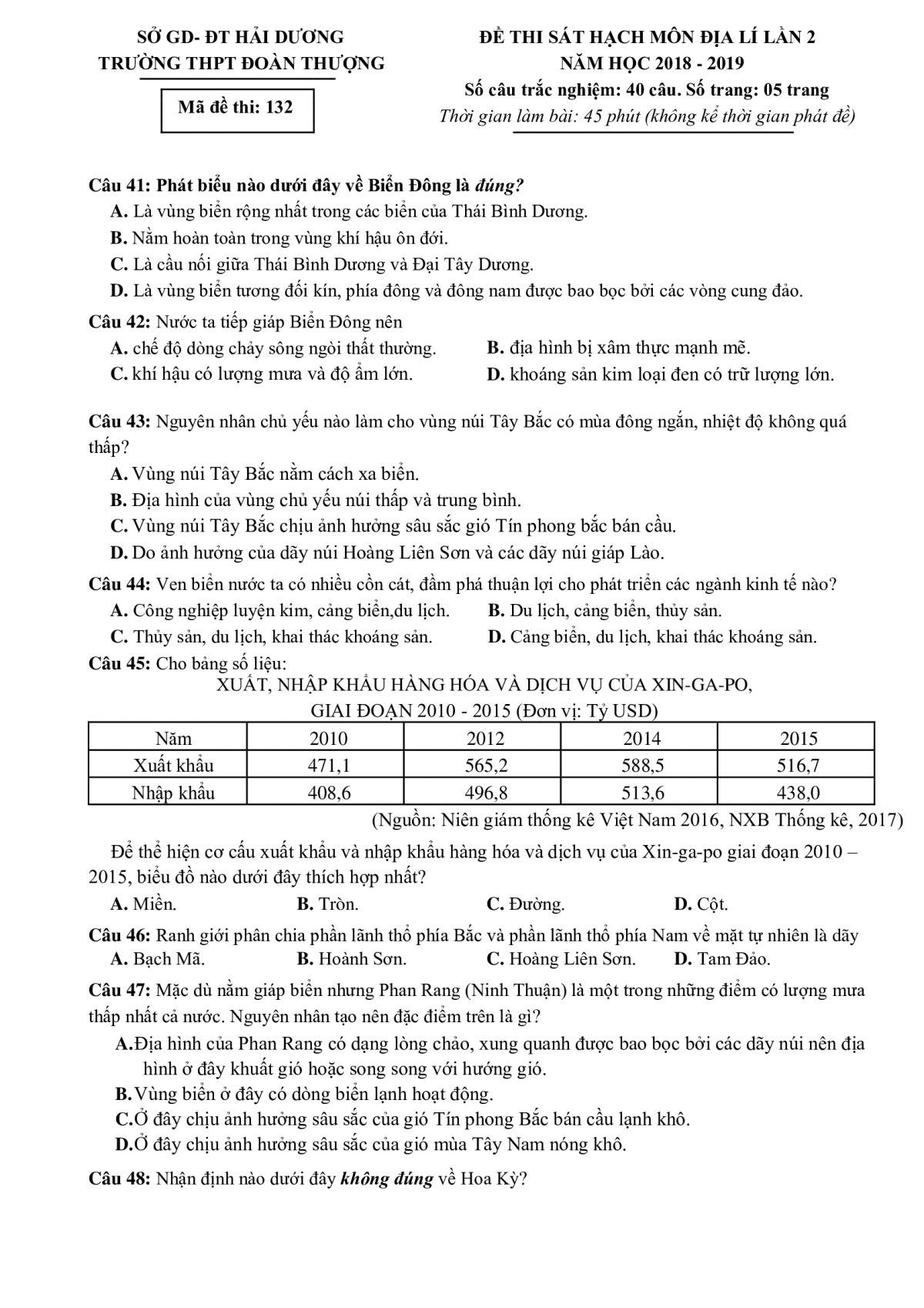 Đề thi s&aacute;t hạch m&ocirc;n Địa L&yacute; 12 lần 2 Trường THPT Đo&agrave;n Thượng tỉnh Hải Dương năm 2018