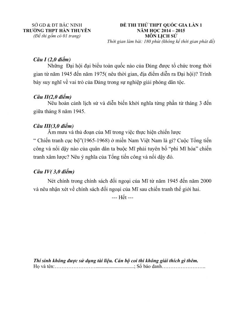 Đề thi thử THPT Quốc Gia lần 1 và đáp án môn Lịch Sử tỉnh Bắc Ninh năm 2014