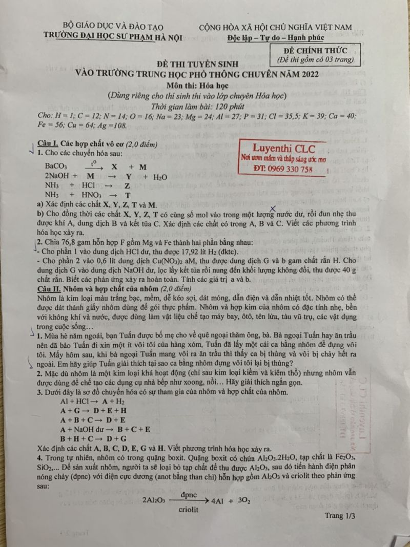 Đề thi tuyển sinh vào lớp 10 THPT CHUYÊN môn Hóa Học Trường Đại học Sư phạm Hà Nội năm 2022