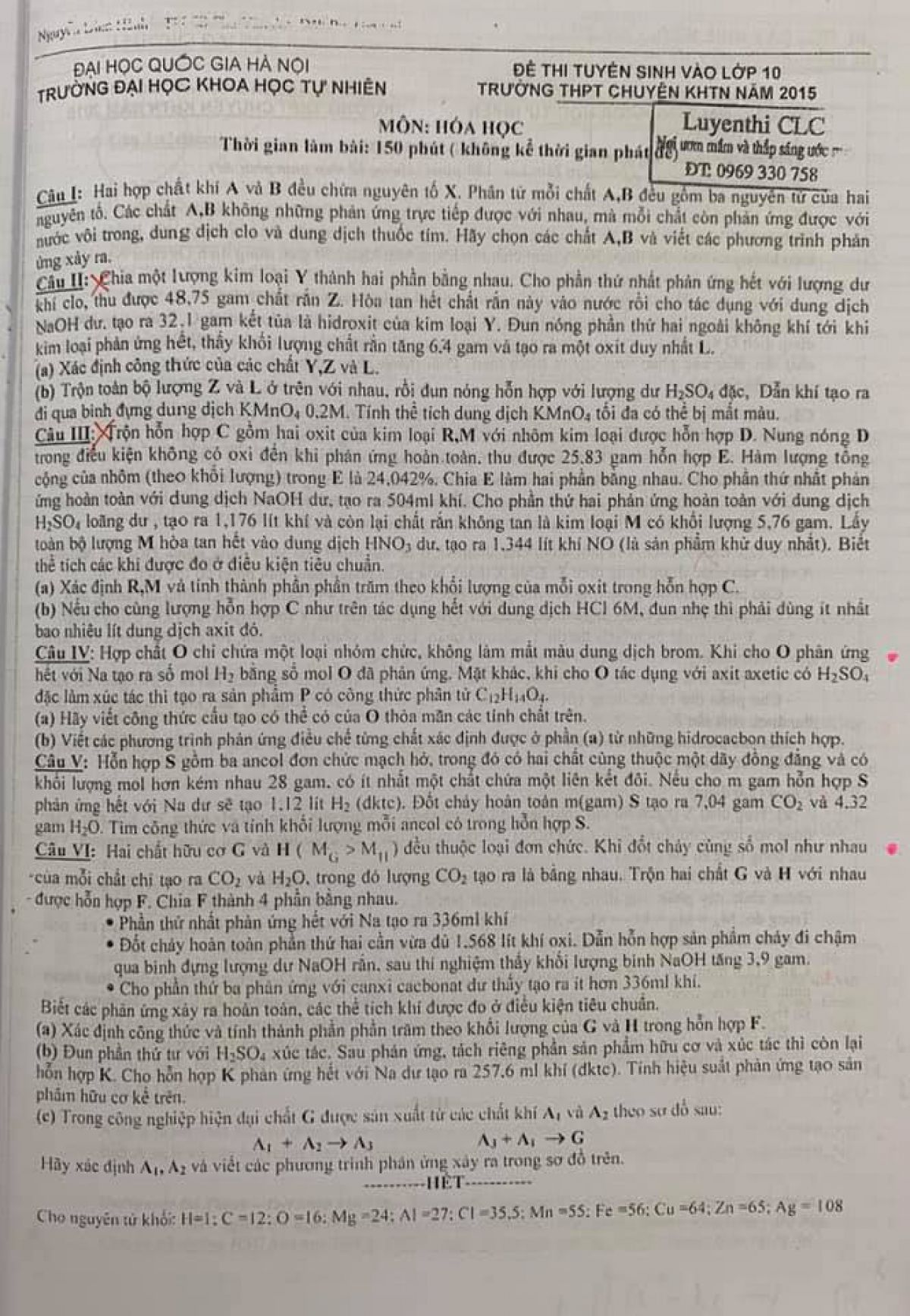Đề thi tuyển sinh v&agrave;o lớp 10 THPT m&ocirc;n H&oacute;a Học Trường THPT CHUY&Ecirc;N Khoa học tự nhi&ecirc;n năm 2015