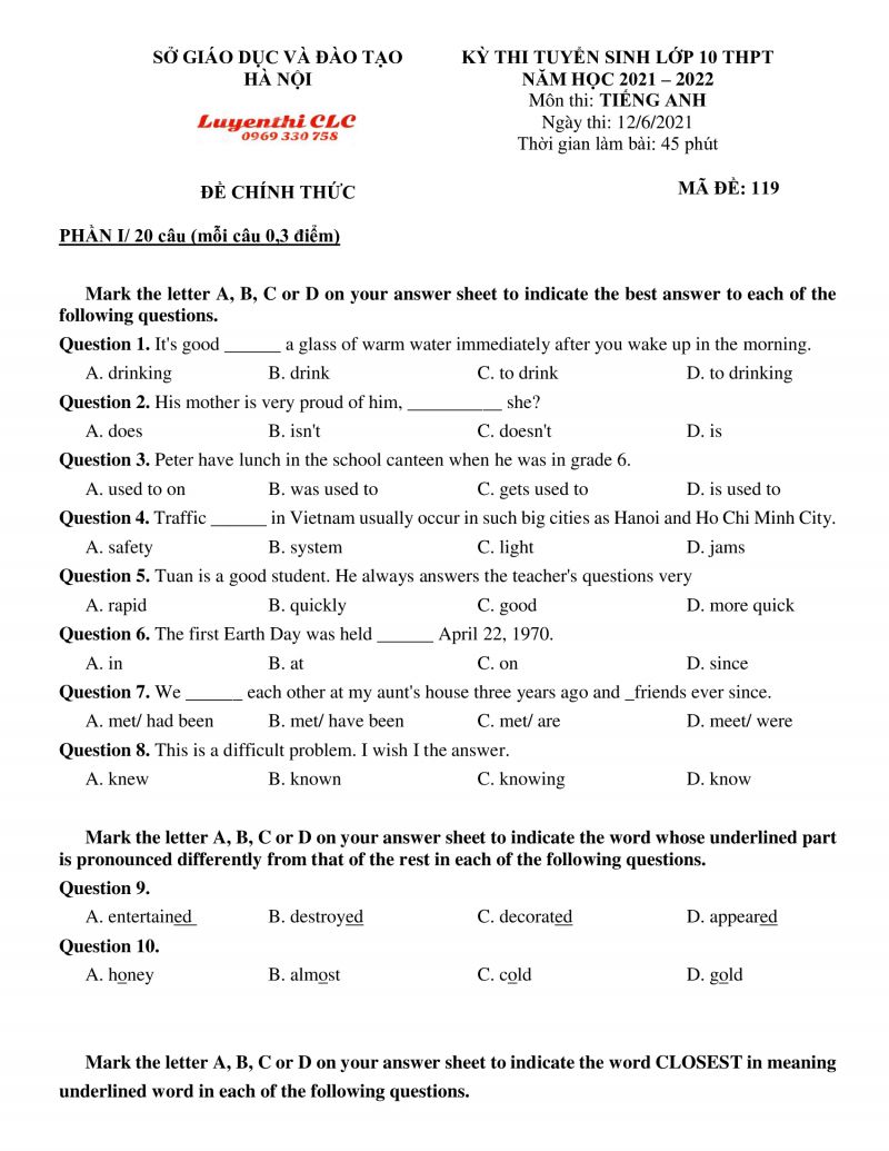 Đề thi tuyển sinh lớp 10 THPT môn Tiếng Anh tại Hà Nội năm 2021