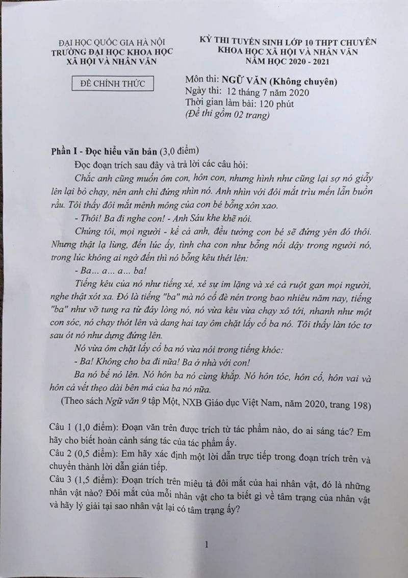 Đề thi tuyển sinh v&agrave;o 10 THPT m&ocirc;n Ngữ Văn Trường Đại học Khoa học X&atilde; hội v&agrave; Nh&acirc;n văn năm 2020