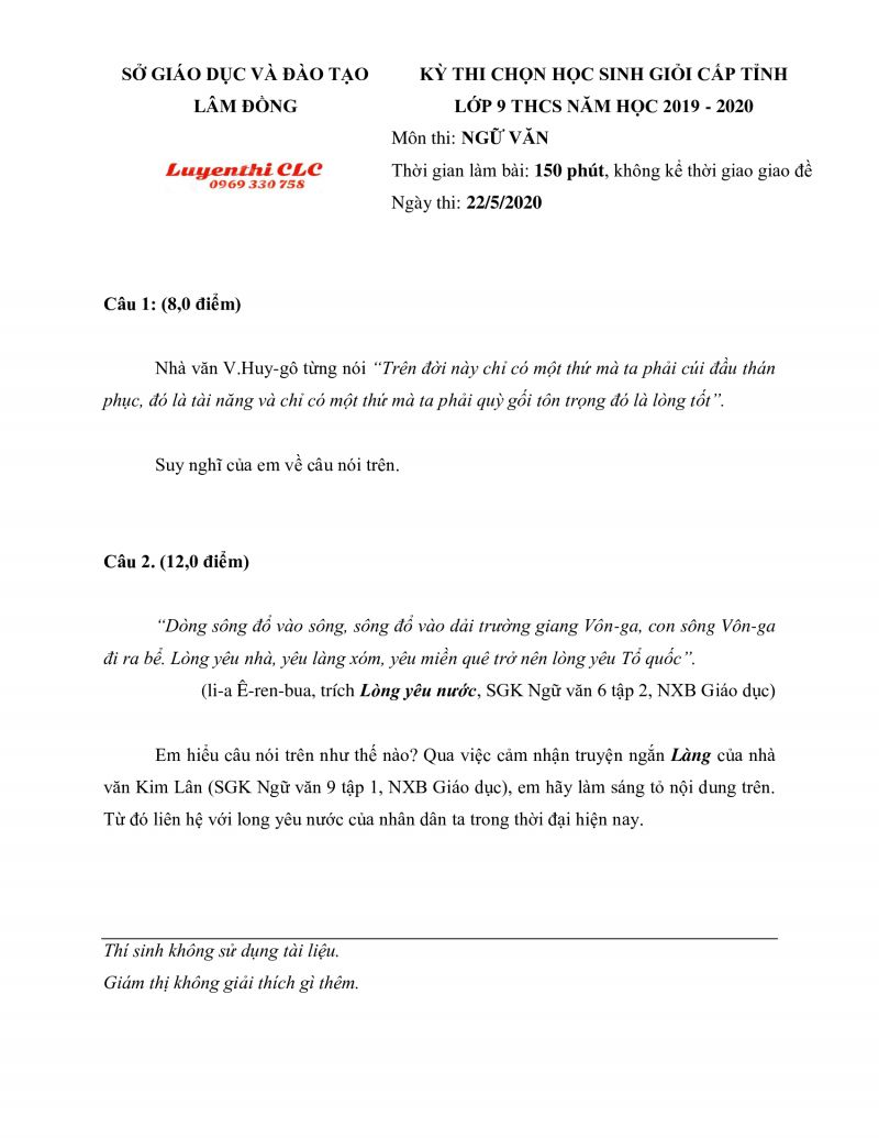 Đề thi chọn HSG cấp tỉnh m&ocirc;n Ngữ Văn lớp 9 THCS tỉnh L&acirc;m Đồng năm 2020
