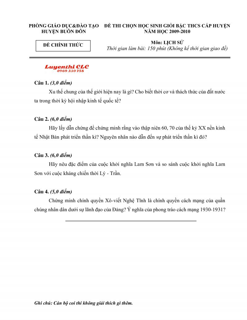 Đề thi chọn HSG và đáp án môn Lịch Sử tỉnh Đắk Lắk năm 2009