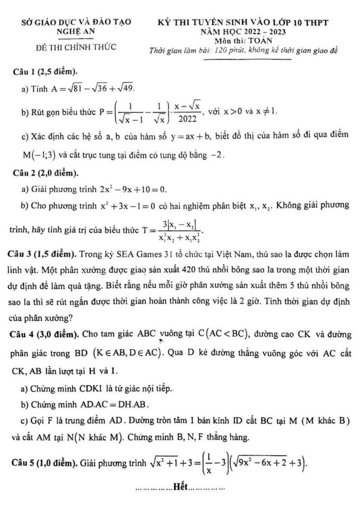 Đề thi tuyển sinh v&agrave;o lớp 10 THPT m&ocirc;n To&aacute;n tỉnh Nghệ An năm 2022