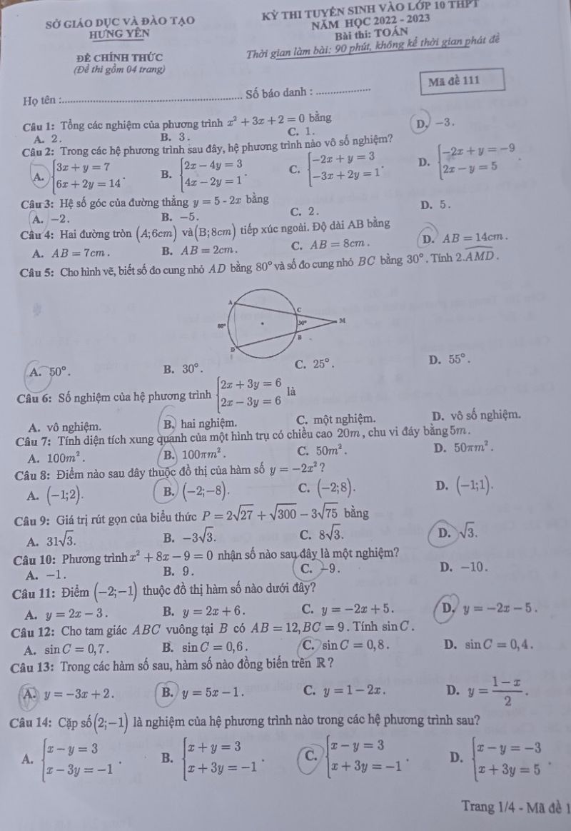 Đề thi tuyển sinh vào lớp 10 THPT môn Toán tỉnh Hưng Yên năm 2022