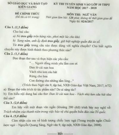 Đề thi tuyển sinh vào lớp 10 THPT môn Ngữ Văn tỉnh Kiên Giang năm 2017