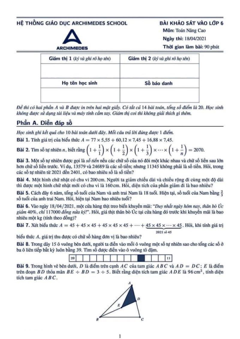 Đề thi khảo s&aacute;t v&agrave;o lớp 6 m&ocirc;n To&aacute;n n&acirc;ng cao tại ARCHIMEDES SCHOOL năm 2021
