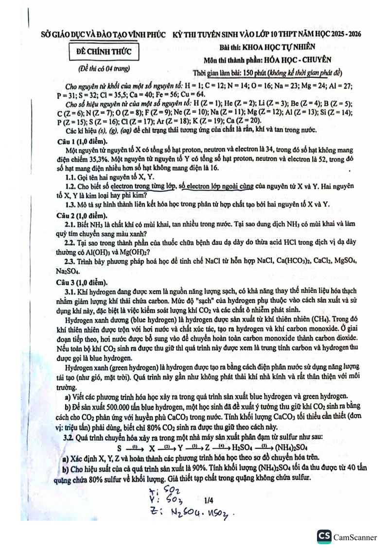 Đề thi tuyển sinh v&agrave;o 10 m&ocirc;n H&oacute;a (chuy&ecirc;n) - Sở Vĩnh Ph&uacute;c năm 2025