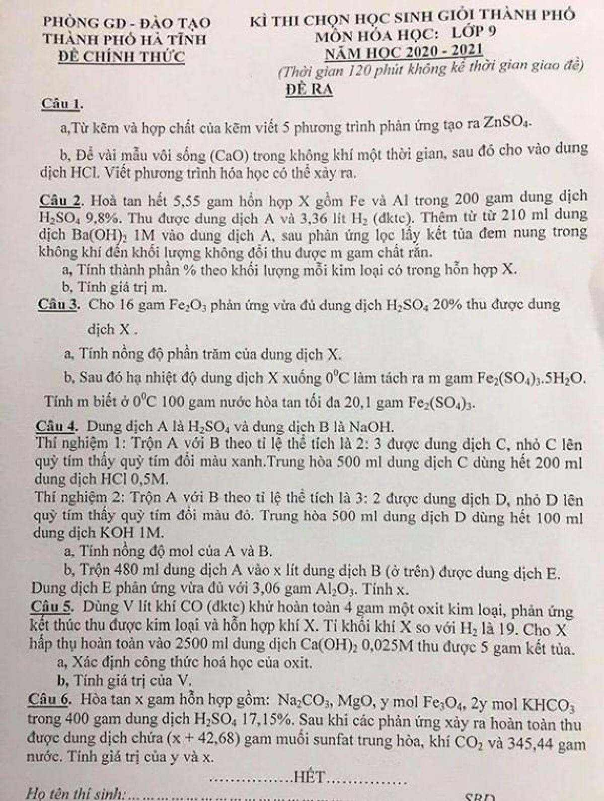 Đề thi chọn HSG môn Hóa Học lớp 9 Thành phố Hà Tĩnh năm 2021