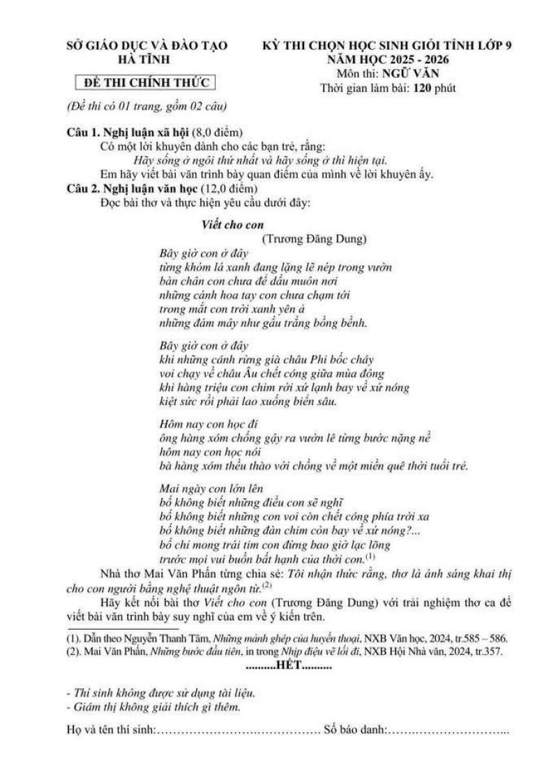 Đề - Đ&aacute;p &aacute;n HSG văn 9 của SGD tỉnh H&agrave; Tĩnh