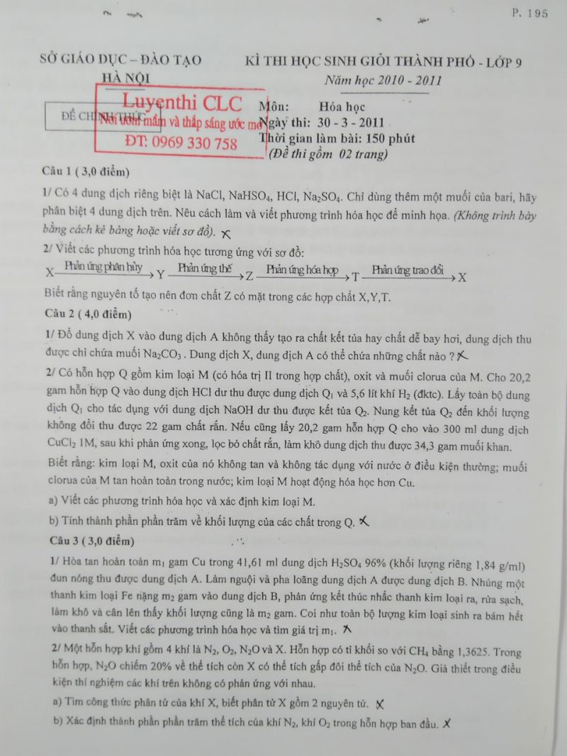 Đề thi HSG thành phố môn Hóa Học lớp 9 tại Hà Nội năm 2011