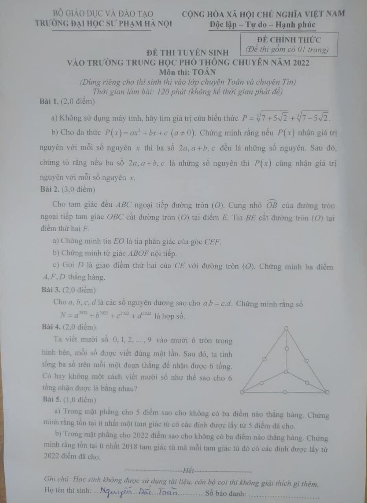 Đề thi tuyển sinh v&agrave;o lớp 10 THPT m&ocirc;n To&aacute;n Trường THPT CHUY&Ecirc;N Đại học Sư phạm H&agrave; Nội năm 2022 ( D&agrave;nh ri&ecirc;ng cho th&iacute; sinh thi v&agrave;o chuy&ecirc;n To&aacute;n v&agrave; chuy&ecirc;n Tin)