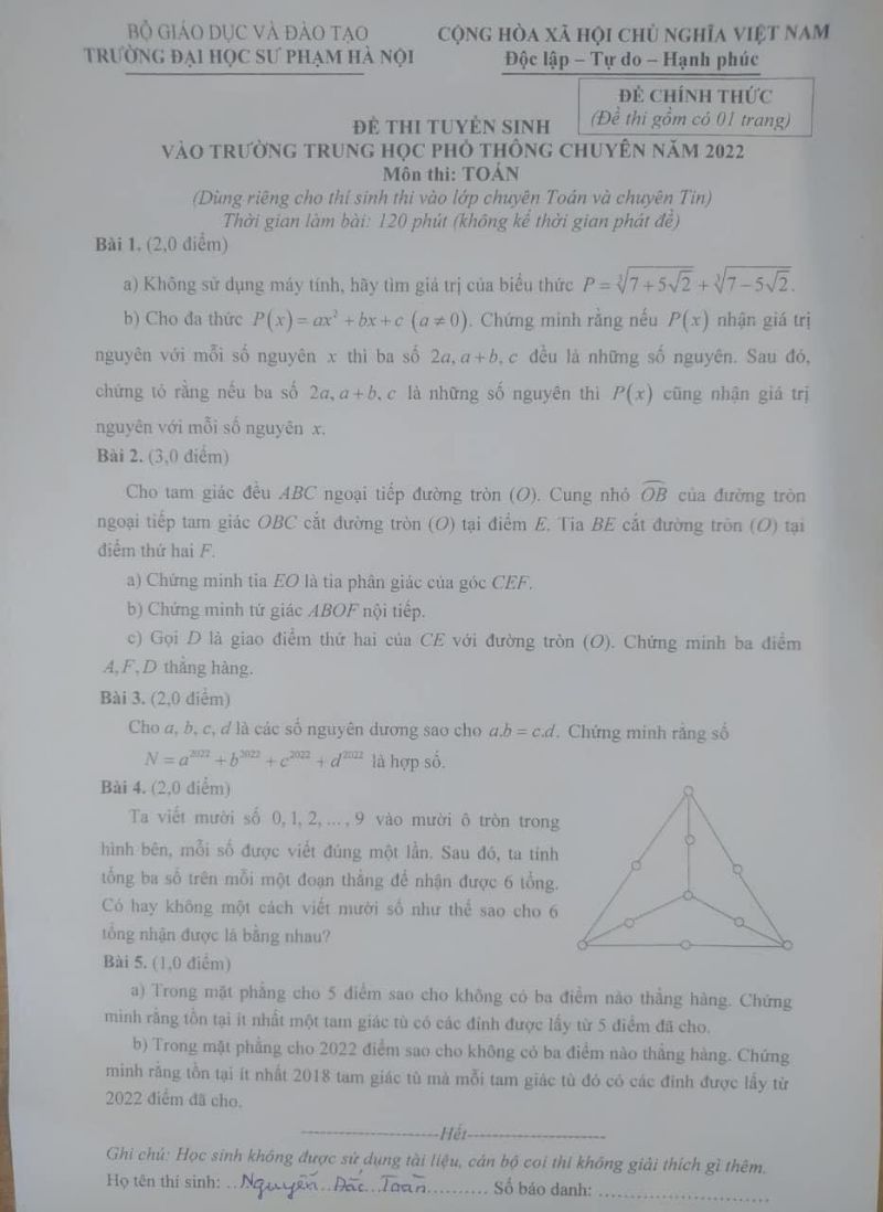 Đề thi tuyển sinh vào lớp 10 THPT môn Toán Trường THPT CHUYÊN Đại học Sư phạm Hà Nội năm 2022 ( Dành riêng cho thí sinh thi vào chuyên Toán và chuyên Tin)