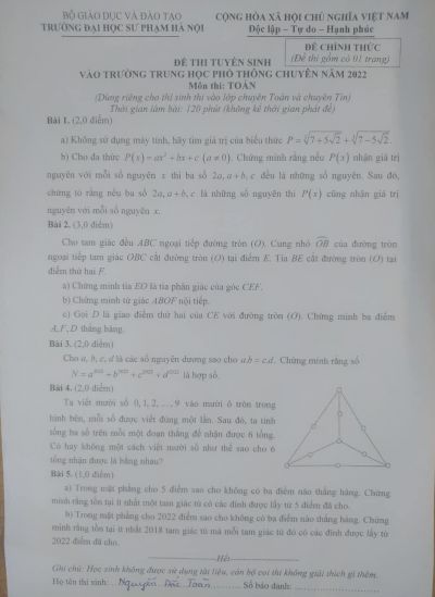 Đề thi tuyển sinh vào lớp 10 THPT môn Toán Trường THPT CHUYÊN Đại học Sư phạm Hà Nội năm 2022 ( Dành riêng cho thí sinh thi vào chuyên Toán và chuyên Tin)