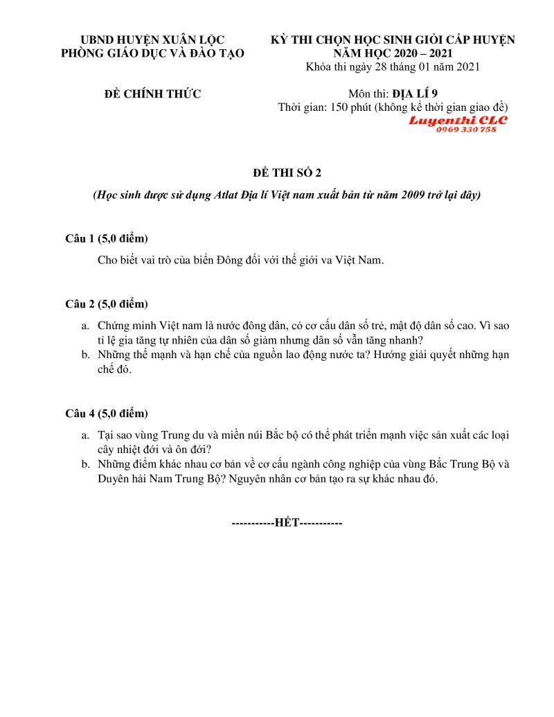 Đề thi chọn HSG m&ocirc;n Địa L&iacute; lớp 9 huyện Xu&acirc;n Lộc, tỉnh Đồng Nai năm 2021