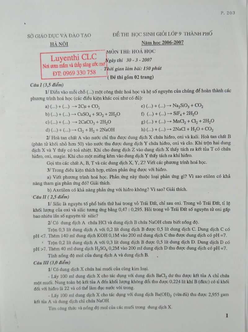 Đề thi HSG lớp 9 thành phố môn Hóa Học tại Hà Nội năm 2007