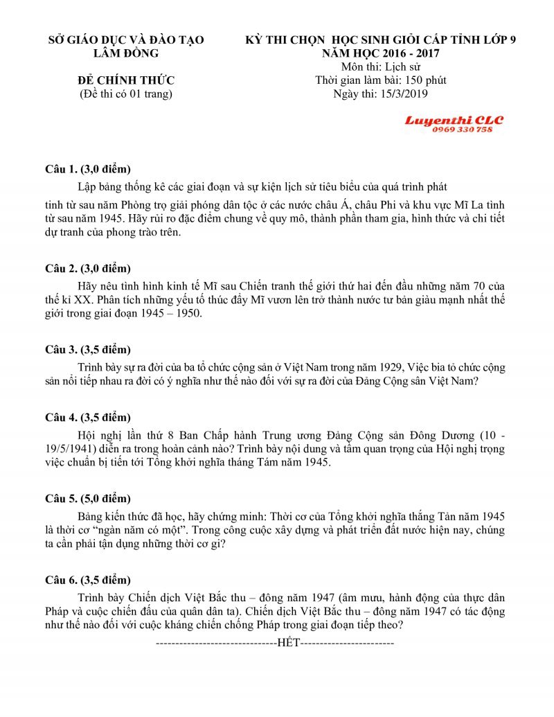 Đề thi HSG môn Lịch Sử lớp 9 tỉnh Lâm Đồng năm 2017