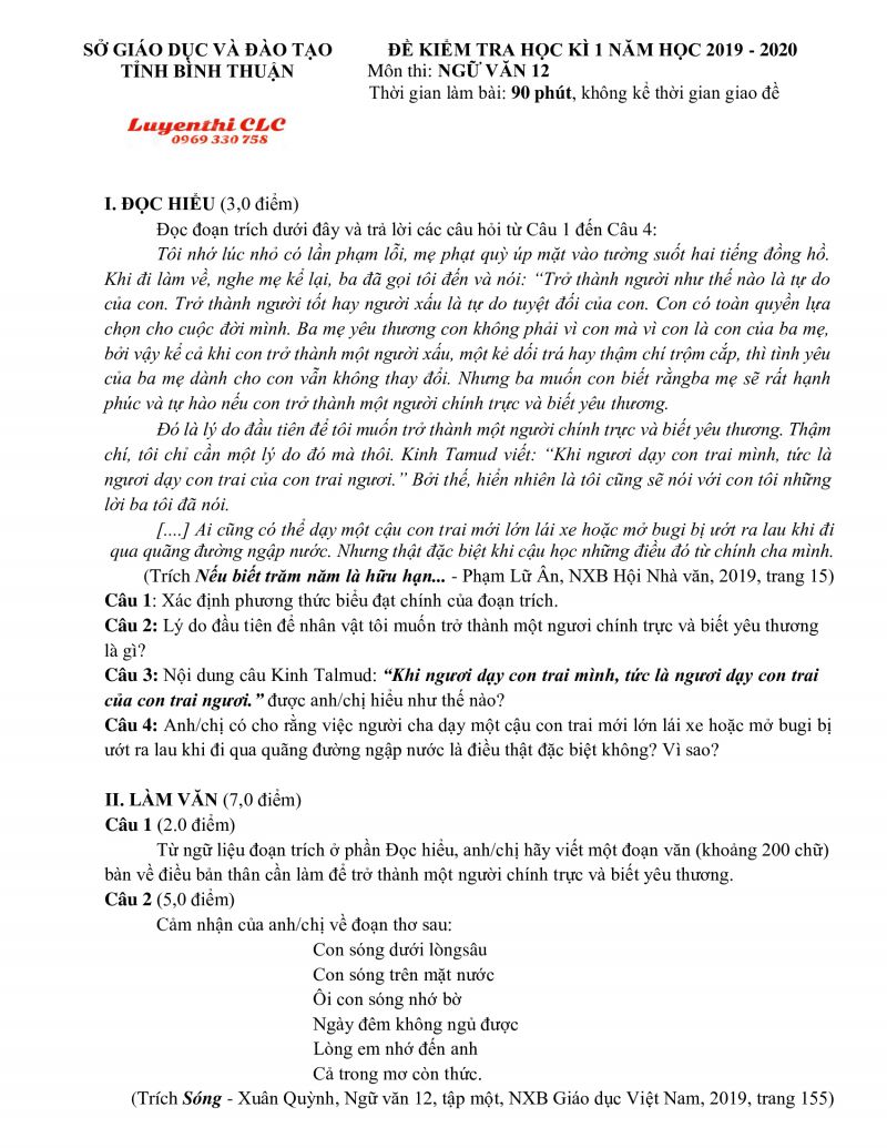 Đề kiểm tra học kì I môn Ngữ Văn lớp 12 tỉnh Bình Thuận năm 2019