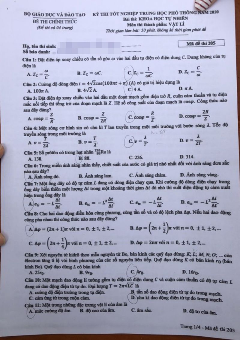 Đề  thi tốt nghiệp THPT quốc gia môn Vật Lí năm 2020
