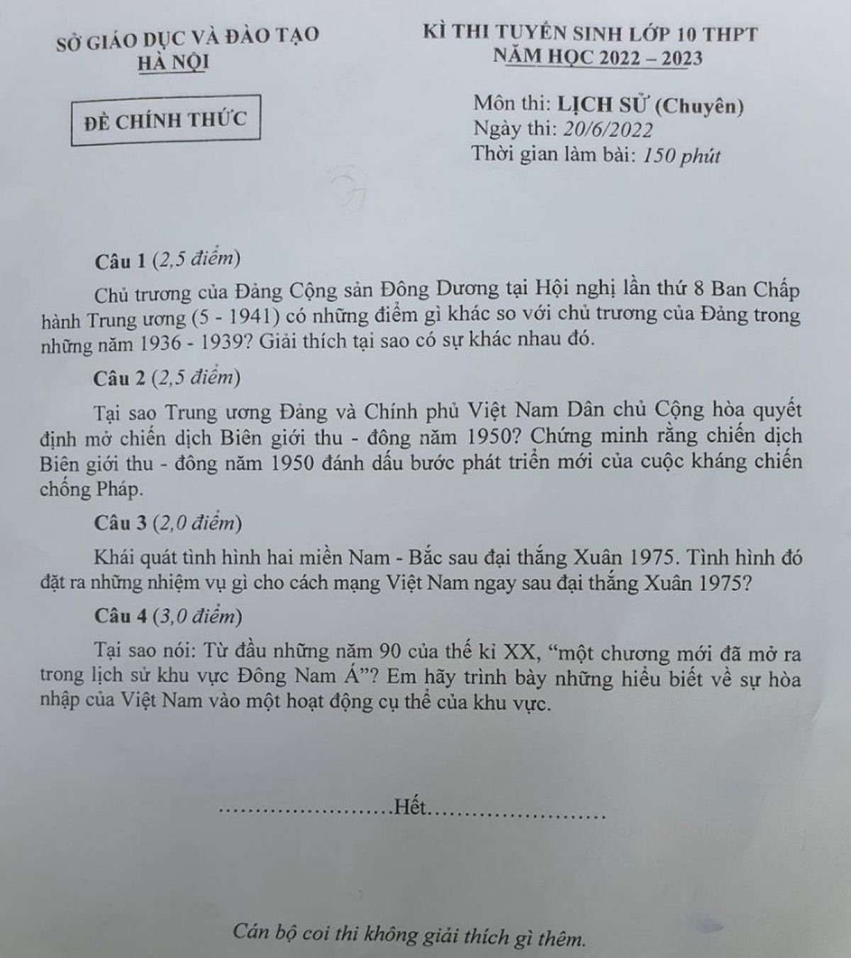 Đề thi tuyển sinh v&agrave;o lớp 10 THPT m&ocirc;n Lịch Sử ( Chuy&ecirc;n ) tại H&agrave; Nội năm 2022