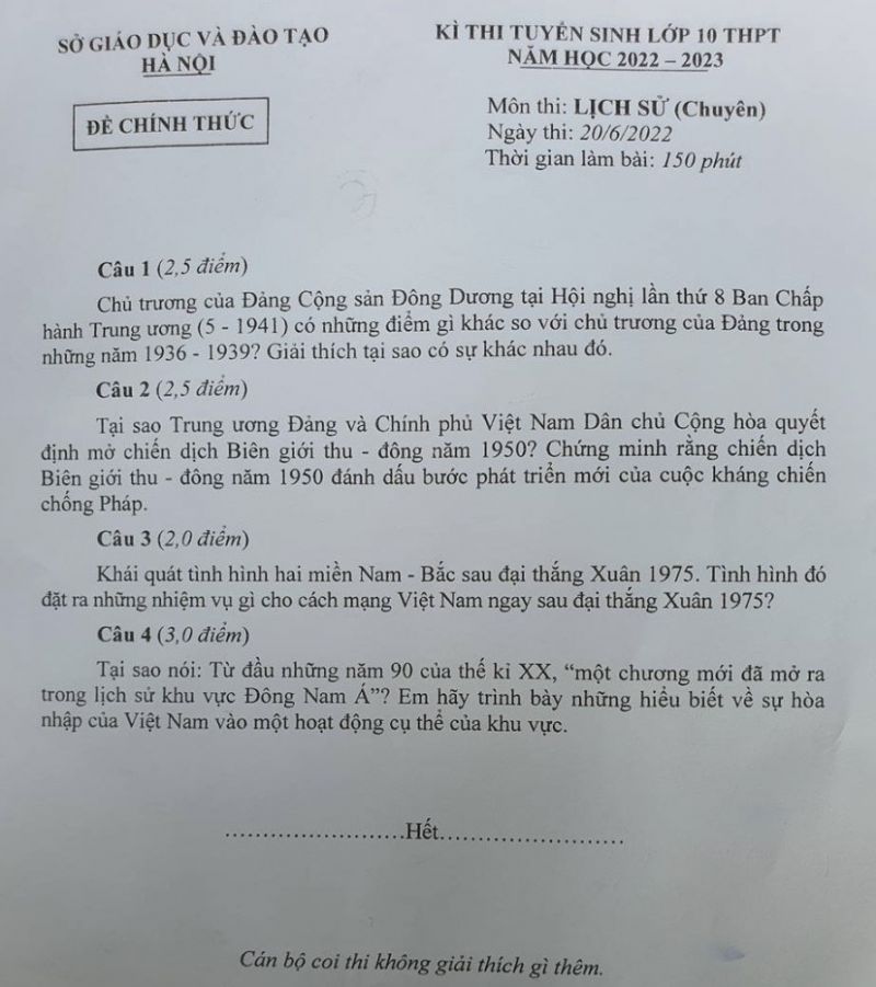 Đề thi tuyển sinh vào lớp 10 THPT môn Lịch Sử ( Chuyên ) tại Hà Nội năm 2022