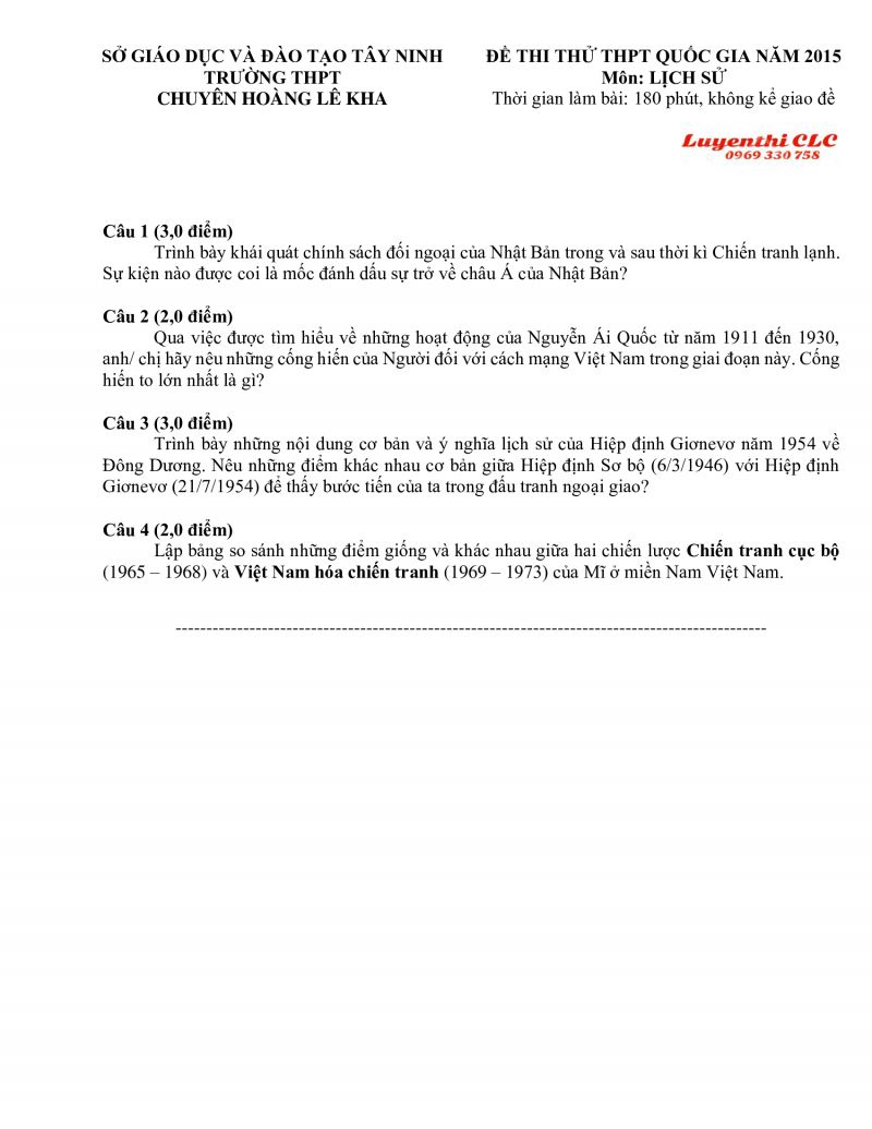 Đề thi thử và đáp án môn Lịch Sử lớp 12 Trường THPT CHUYÊN Hoàng Lê Kha, tỉnh Tây Ninh năm 2015