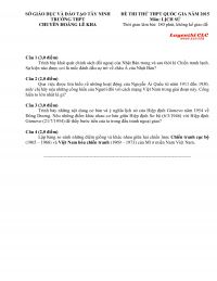 Đề thi thử v&agrave; đ&aacute;p &aacute;n m&ocirc;n Lịch Sử lớp 12 Trường THPT CHUY&Ecirc;N Ho&agrave;ng L&ecirc; Kha, tỉnh T&acirc;y Ninh năm 2015