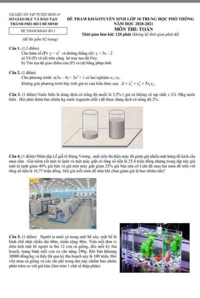 Đề tham khảo đề tuyển sinh vào lớp 10 THPT môn Toán Thành phố Hồ Chí Minh năm 2020