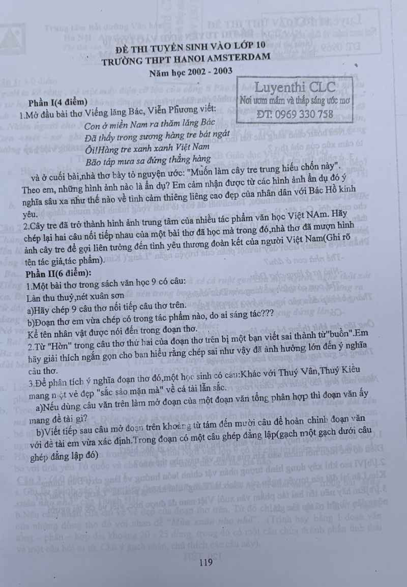 Đề thi tuyển sinh v&agrave;o lớp 10 Trường THPT HANOI AMSTERDAM m&ocirc;n Ngữ Văn năm 2002
