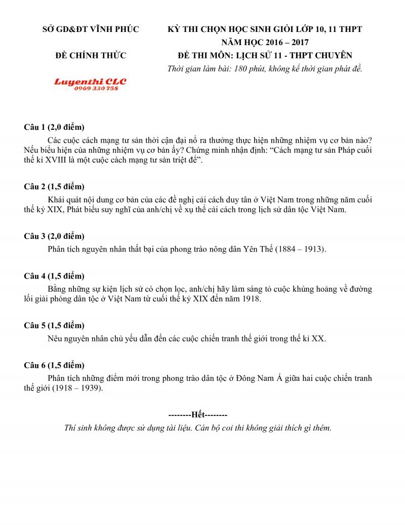 Đề thi HSG môn Lịch Sử lớp 11 THPT CHUYÊN tỉnh Vĩnh Phúc năm 2017