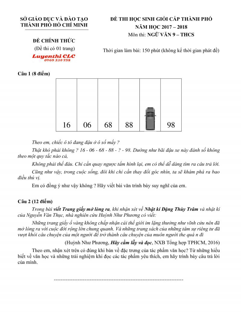 Đề thi HSG môn Ngữ Văn lớp 9 THCS tại Thành phố Hồ Chí Minh năm 2018