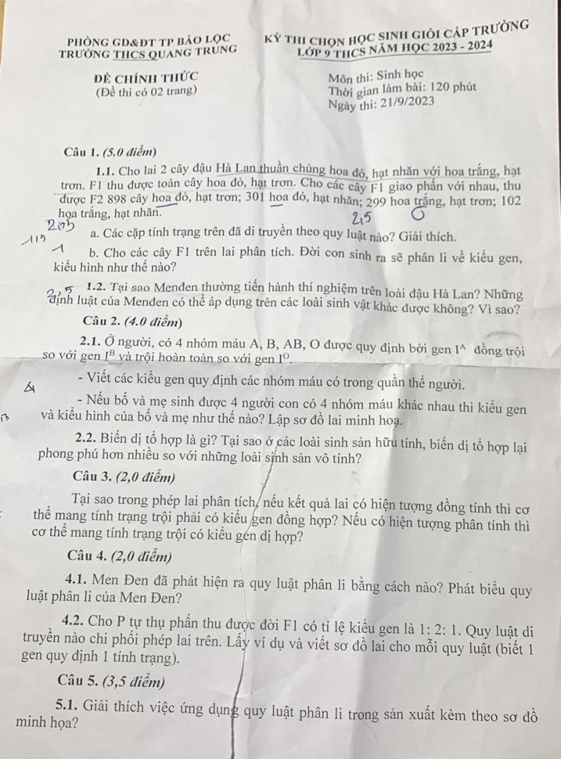 Đề thi chọn HSG môn Sinh học lớp 9 Trường THCS Quang Trung, thành phố Bảo Lộc tỉnh Lâm Đồng năm 2023
