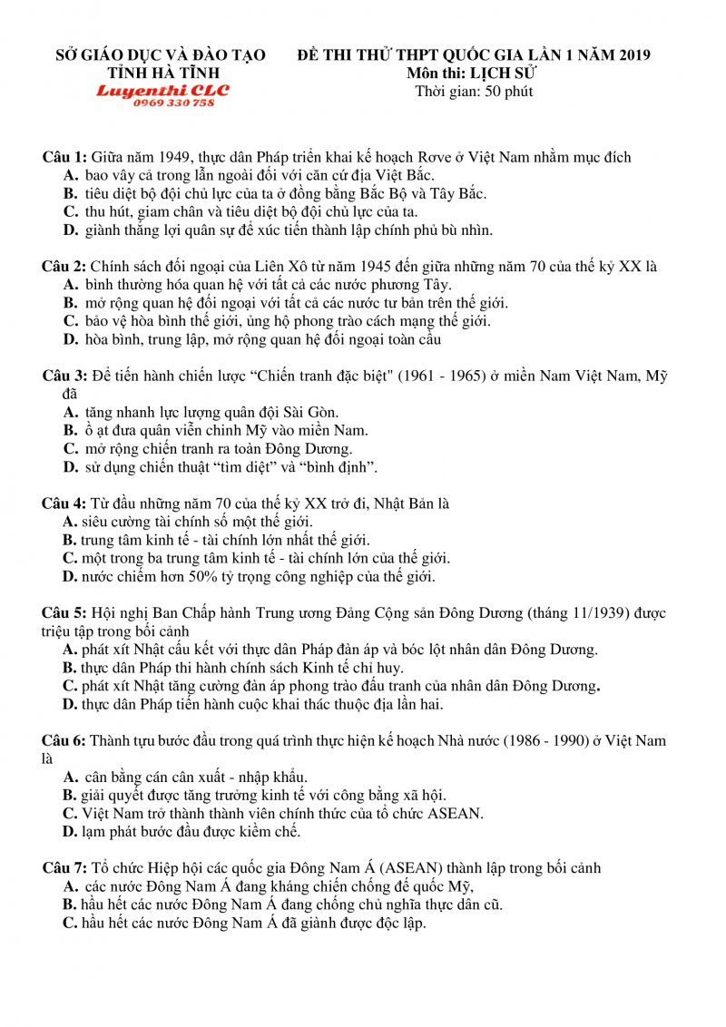 Đề thi thử THPT Quốc Gia - lần 1 môn Lịch Sử tỉnh Hà Tĩnh năm 2019
