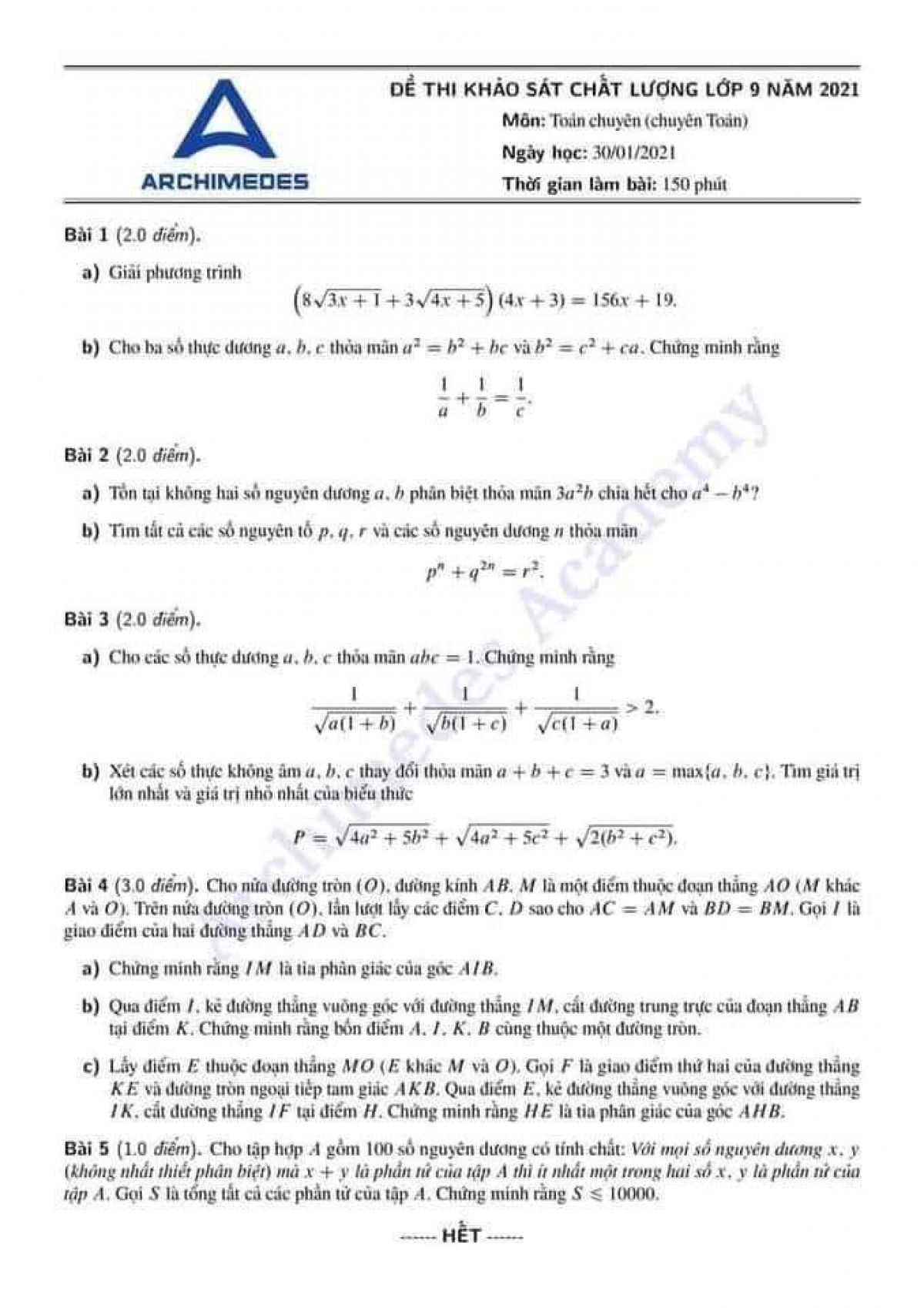 Đề thi khảo s&aacute;t chất lượng lớp 9 m&ocirc;n To&aacute;n chuy&ecirc;n Trường ARCHIMEDES năm 2021
