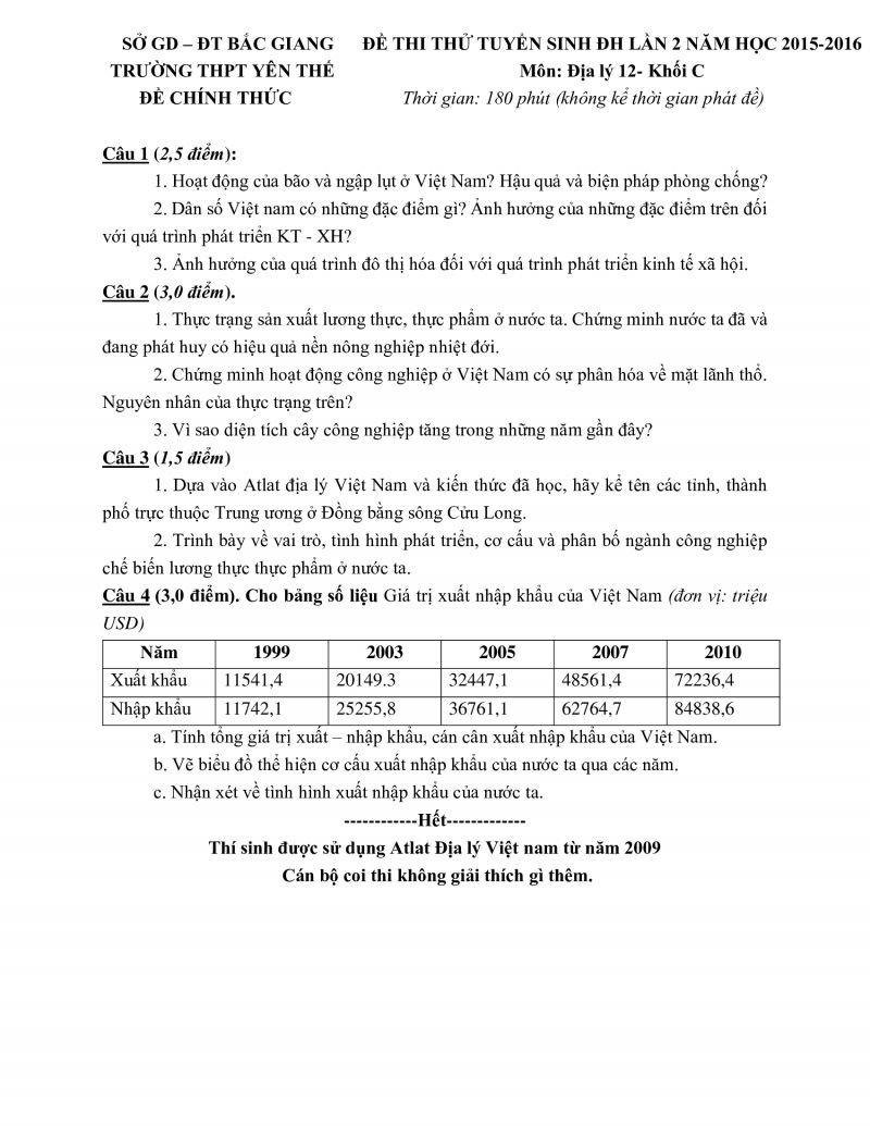 Đề thi thử tuyển sinh ĐH lần 2 v&agrave; đ&aacute;p &aacute;n m&ocirc;n Địa L&yacute; 12 - Khối C, Trường THPT Y&ecirc;n Thế tỉnh Bắc Giang năm 2015