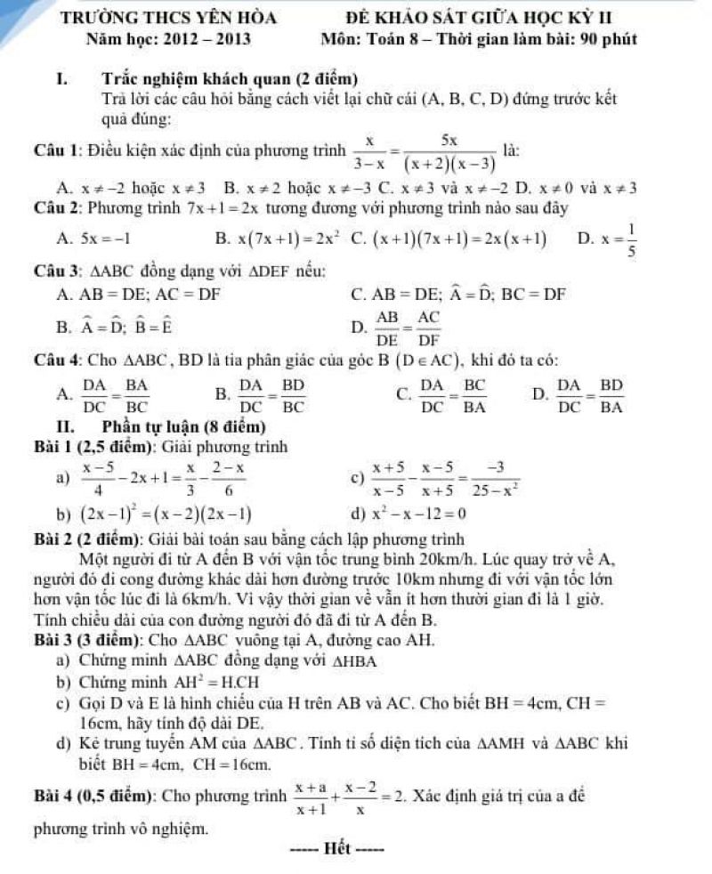 Đề khảo sát giữa học kì II môn Toán lớp 8 Trường THCS Yên Hòa, quận Cầu Giấy, Hà Nội năm 2012