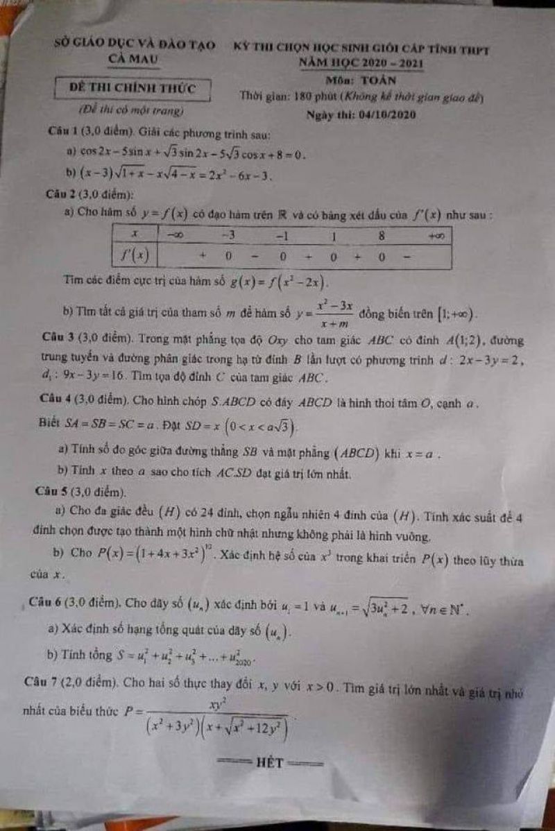 Đề thi chọn HSG cấp tỉnh THPT môn Toán tỉnh Cà Mau năm 2020