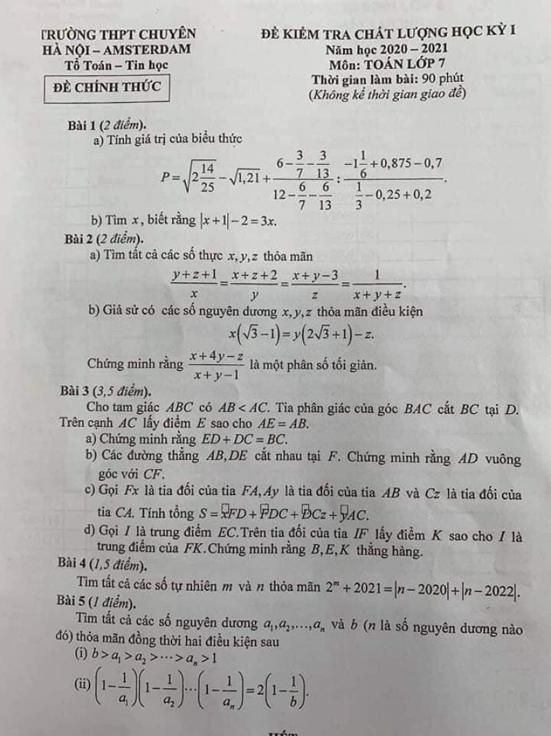 Đề kiểm tra chất lượng học kì I môn Toán lớp 7 Trường THPT CHUYÊN Hà Nội - Amsterdam năm 2020