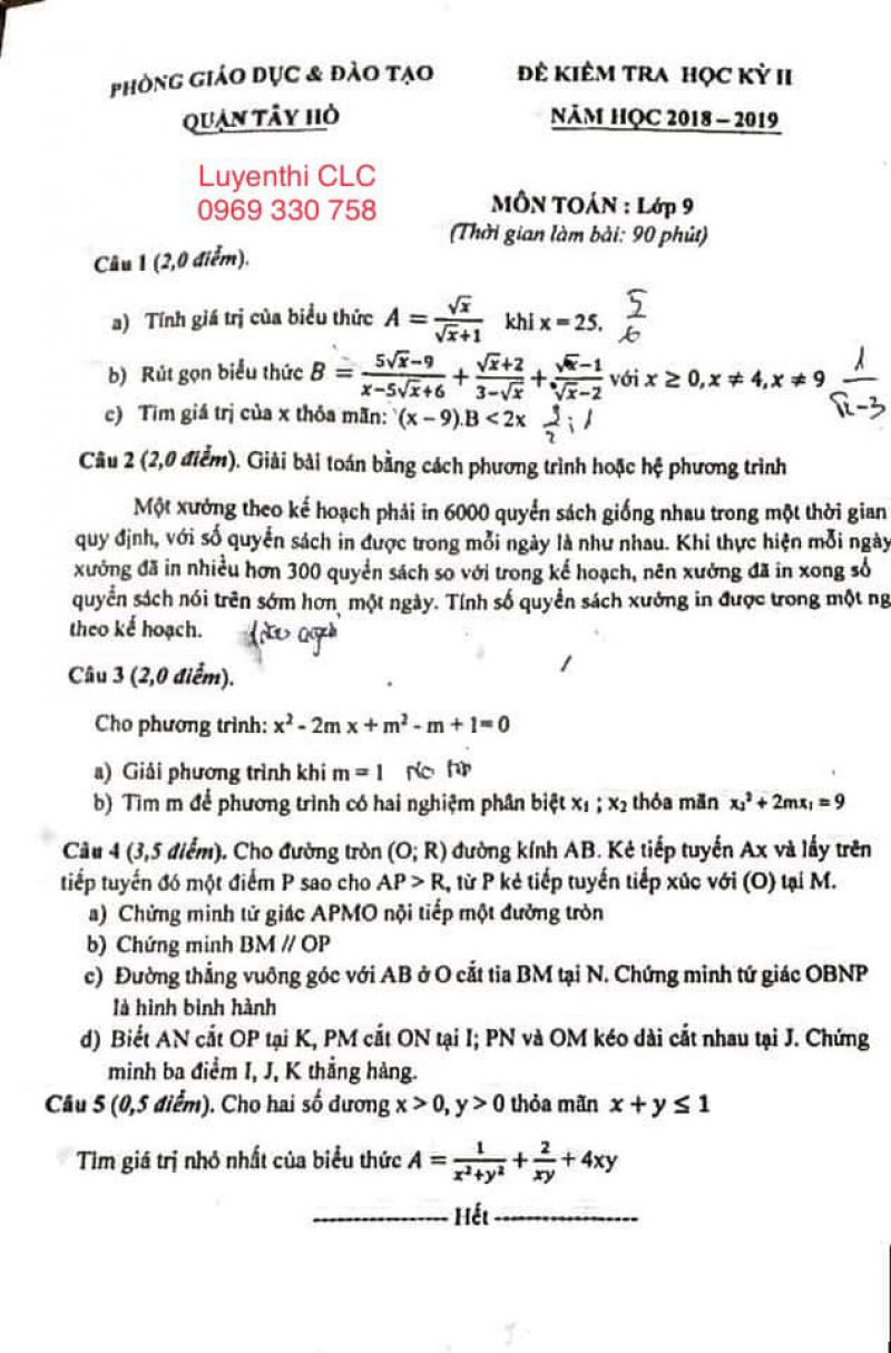 Đề kiểm tra học kì II môn Toán quận Tây Hồ năm 2018