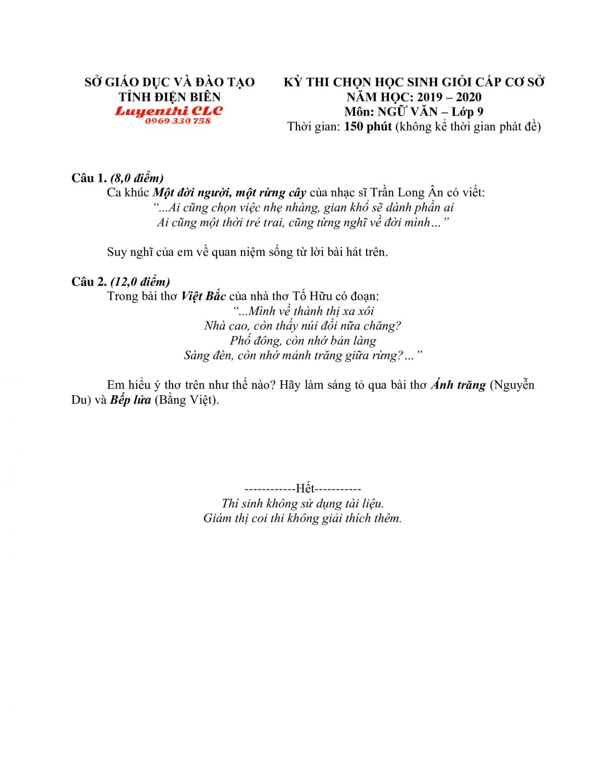 Đề thi chọn HSG môn Ngữ Văn lớp 9 tỉnh Điện Biên năm 2019